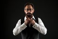 Caucasian concept. Caucasian man button shirt. Caucasian man with beard and mustache. Bearded caucasian businessman Royalty Free Stock Photo