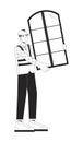 Caucasian construction worker holding window black and white 2D line cartoon character