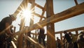 Caucasian construction workers standing on plank frame at construction site