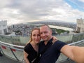 Caucasian couple in front of Osaka Skyline