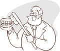 Caucasian dentist showing a dental jaw model and a toothbrush. old man dentist holding a dental jaw model and a toothbrush in