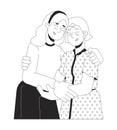 Caucasian elderly mother daughter hugging black and white 2D line cartoon characters Royalty Free Stock Photo