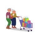 Caucasian elderly retired couple walking with shopping cart full of purchases. Flat style stock vector illustration
