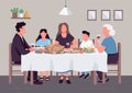 Caucasian family dinner flat color vector illustration