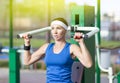 Caucasian Female Athlete in Professional Outfit Having Weight Lifting Exercises