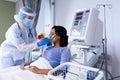 Caucasian female doctor in ppe suit checking african american female patient with ventilator Royalty Free Stock Photo