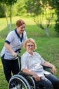 Caucasian female doctor walks with an elderly patient in a wheelchair in the park. Nurse accompanies an old woman on a