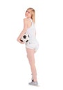 Caucasian female with soccer ball on white background Royalty Free Stock Photo