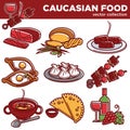 Caucasian food dishes traditional cuisine vector icons for restaurant menu