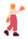 Caucasian friendly woman waving hand 2D cartoon character