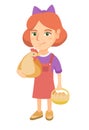 Caucasian girl holding a chicken and hen eggs.