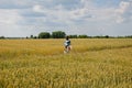 Caucasian girl riding bicycle on wheat field, countryside ukraine. vintage photo. Girl on a bike in the countryside. Portrait of a Royalty Free Stock Photo