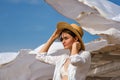 Caucasian girl on beach windy day Royalty Free Stock Photo