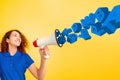 Girl shouting with megaphone, loudspeaker on studio background. Sales, offer, business, cheering fun concept.