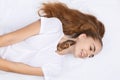 Caucasian girl with snail on neck on white background