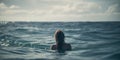 caucasian girl swims in the sea back view generative ai