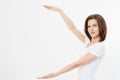 Caucasian girl in tshirt isolated on white background showing copy space by hands. European young woman. Mock up