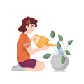 Caucasian girl with water can watering home plant