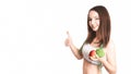 Caucasian girl.Weight loss, slim body, diet, sport, fitness and health concept. young beautiful woman holding broccoli and apple Royalty Free Stock Photo