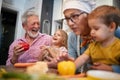 Caucasian grandparents having fun with their grandchildren in the kitchen playing Royalty Free Stock Photo