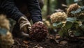 Caucasian hand holding fresh plant for gardening generated by AI