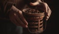 Caucasian hand holding hot organic cappuccino mug generated by AI
