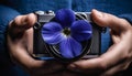Caucasian hand holding old fashioned camera, focusing on flower generated by AI