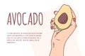 Caucasian Hand holds a avocado on an isolated background vector banner. Proper nutrition, vegan. Eco-product. Avocado in hand