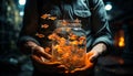 Caucasian hand holds glowing fish, celebrating nature generated by AI