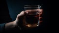 Caucasian hand pouring whiskey into drinking glass generated by AI