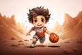 Caucasian happy teenage boy basketball player with ball runs
