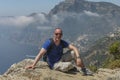 Caucasian hiker posing on the Sentiero degli dei trail ( path of the Gods) on the Amalfi coast.