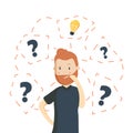 Caucasian hipster business man having creative idea. Business man standing with question marks and idea Royalty Free Stock Photo