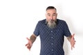 Caucasian hipster with a large gray beard 40-45 years old, on white background, with open arms and surprised expression