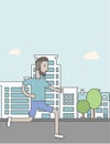 Caucasian hipster man with beard jogging on street