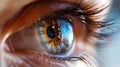 caucasian human blue eye in a contact lens looking up close up. Generative AI Royalty Free Stock Photo