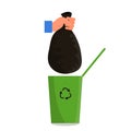 Caucasian human hand holding black plastic trash bag in fist over the green trash can. Isolated on white background. Flat style Royalty Free Stock Photo
