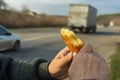 Caucasian hungry senior driver holding half of fried patty against road with cars