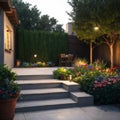 Caucasian Landscaping Technician in His 40s Installing Outdoor Garden Lighting Along Concrete Backyard Stairs.