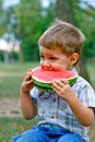 Caucasian little boy eats a slice of watermelon