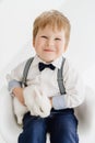 Caucasian Little Boy Posing with Rabbit Portrait Royalty Free Stock Photo
