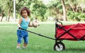 Caucasian little cute curly hair girl wearing blue shirt dragging or pushing red cart and pick up doll while playing in outdoor