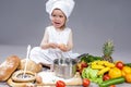 Caucasian Little Girl In Cook Uniform With Fresh Eggs and Saucepan Royalty Free Stock Photo