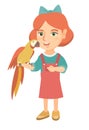 Caucasian little girl holding parrot on her hand. Royalty Free Stock Photo