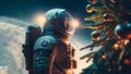 caucasian male astronaut stands next to decorated christmas tree, neural network generated art