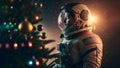 caucasian male astronaut stands next to decorated christmas tree, neural network generated art