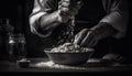 Caucasian male chef kneading dough for homemade healthy cereal snack generated by AI