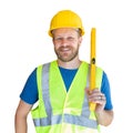 Caucasian Male Contractor With Hard Hat, Level and Safety Vest Isolated Royalty Free Stock Photo