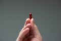 Caucasian male hand holding a red medicine capsule pill between fingers close up shot isolated studio shot Royalty Free Stock Photo