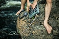 Young male playing musical sampler outdoors. Royalty Free Stock Photo